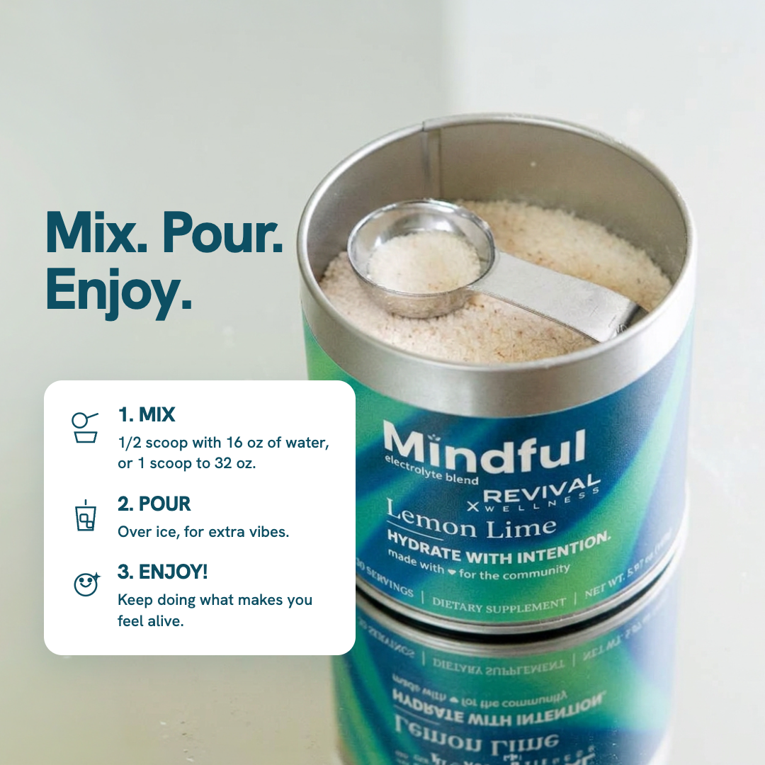 Mindful Lemon Lime electrolyte mix, pour, and enjoy instructions