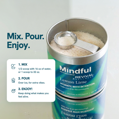 Mindful Lemon Lime electrolyte mix, pour, and enjoy instructions